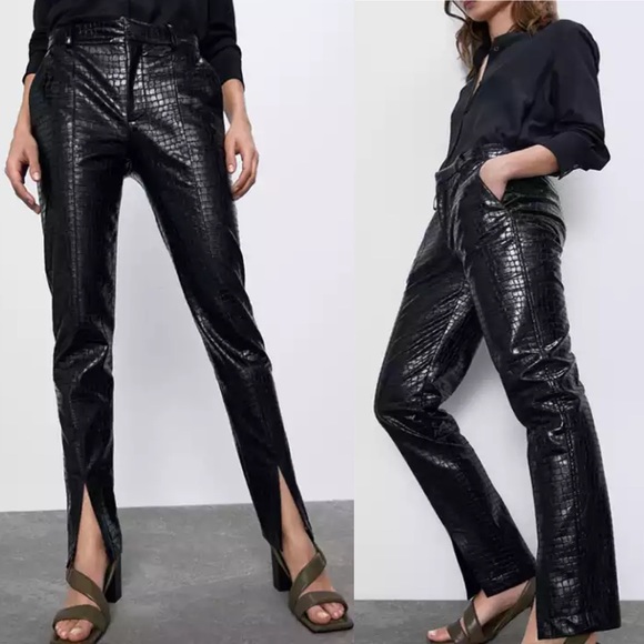 Zara Pants - Zara Black Croc Faux Leather Front Slit Pants